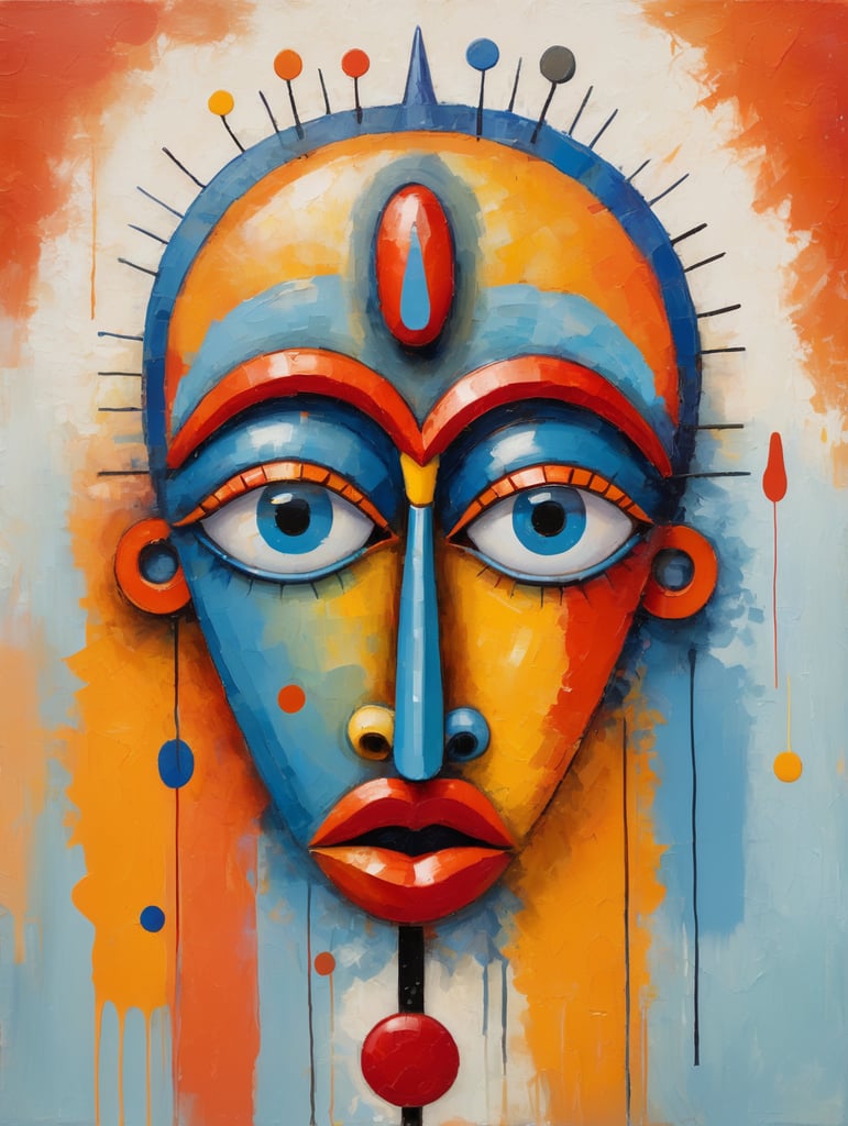 Kandinsky style. Abstract expressionism oil painting. 2D image of whimsical totem head with oval head, narrow eyes, high nose and thick lips. Orange Red Blue Yellow is dominant colors, backdrop is divided in big different size pastel colors, textured strokes paint dripping and splashes intuitive, dramatic contrasts between main image and background, minimalist.