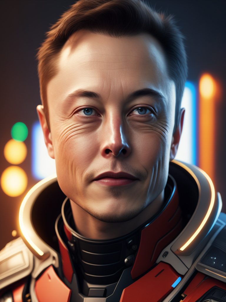 Elon musk as Irom man, bright saturated colors, Professional photo, Focus on the face, clear face details, Blurred Bokeh Background