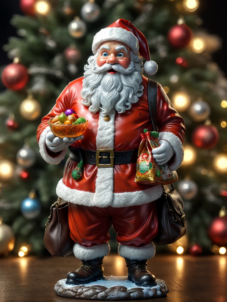 santa claus small glass glass figure, christmas toy for the christmas tree, bag of frozen food in right hand, codfish plate presentation in left hand.