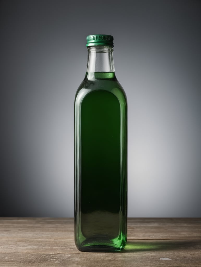 square Green glass bottle with mineral water mockup, no label, isolated, grey background