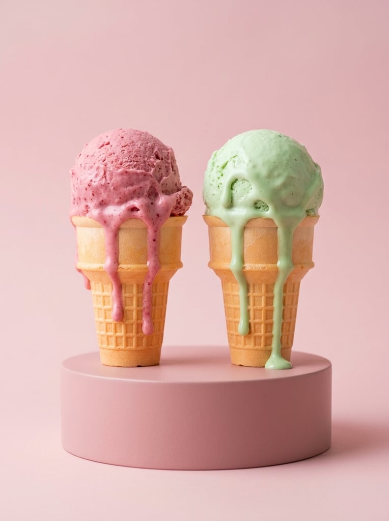 Two perfectly upright ice cream cones stand on a pink cylindrical pedestal against a seamless pastel pink background. The left cone features a textured pink scoop, while the right holds a pale green scoop. Thick, viscous drips melt down identical pale orange flat-bottomed wafer cones with lower waffle grids. Soft directional studio lighting enhances the clean, minimalist, photorealistic aesthetic.