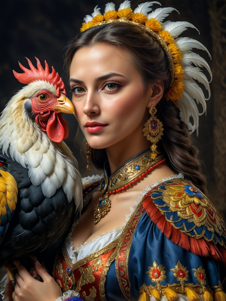 Portrait of a Beautiful women from Romanian fairytale wearing traditional costume hugging a Rooster