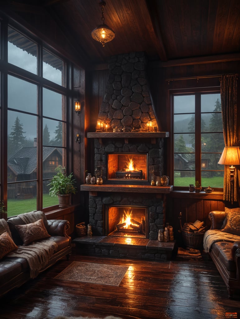 warm cozy nice decor wood house, raining outside window, fireplace inside