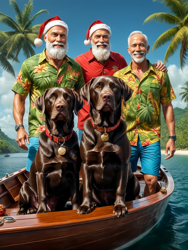 Two all chocolate color labs on a boat with Santa Claus in a tropical print shirt.