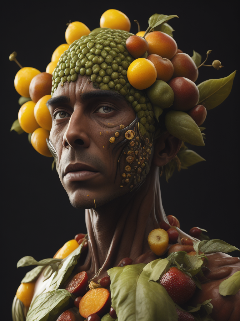 Abstract male humanoid made out of a fruits