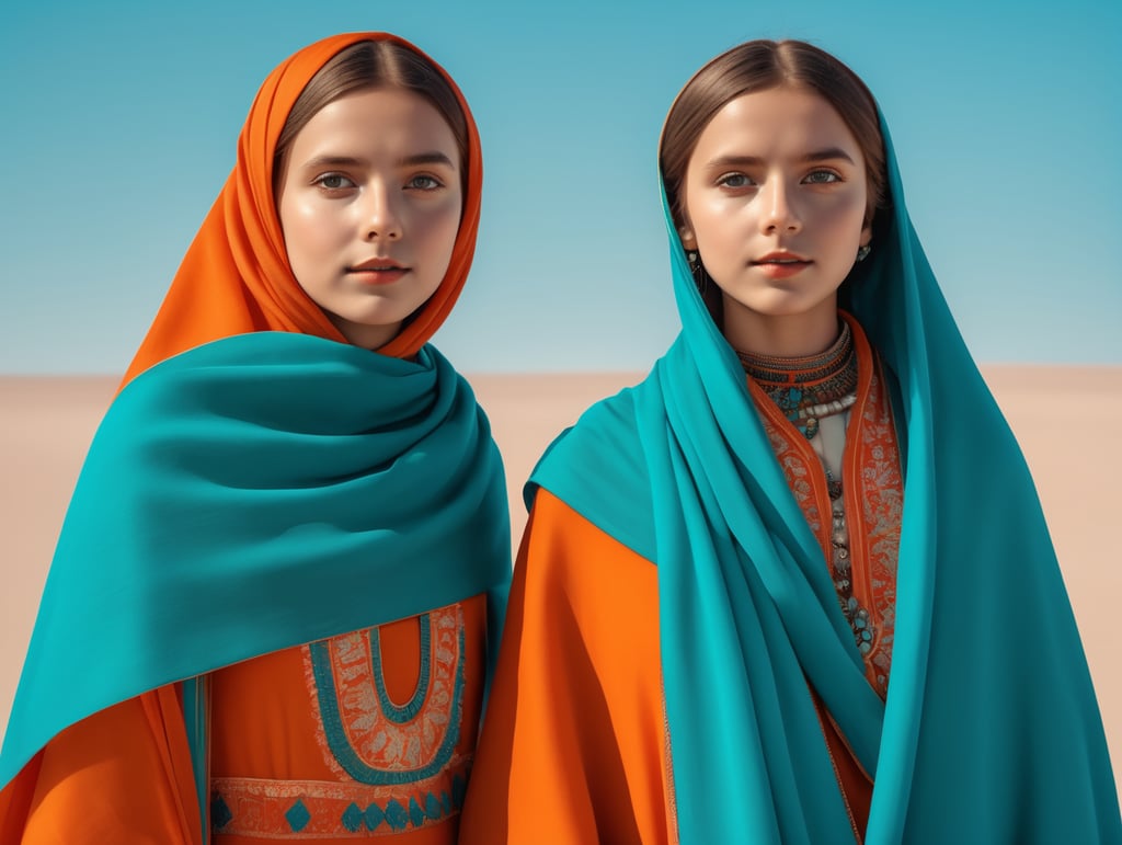 Two young girls wearing shawls and plain dresses, Wes Anderson style, Incredibly high detail, Bright colors, clear blue sky, Turquoise, orange