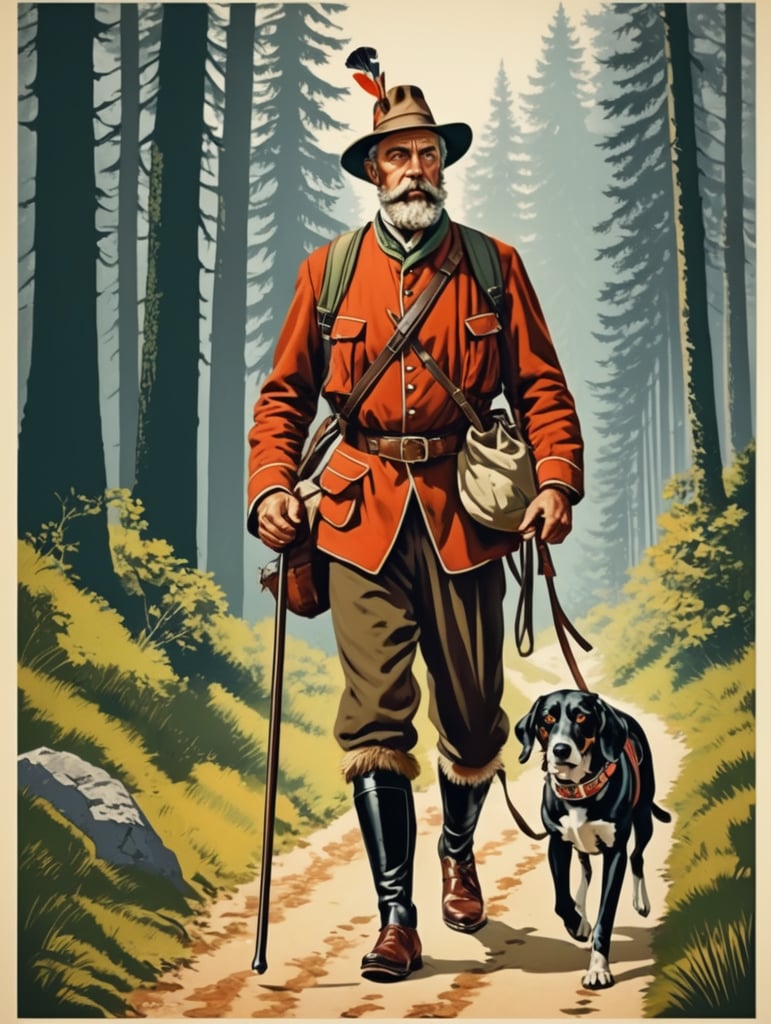 Retro poster an old Austrian hunter with a hunting dog walks along a forest path, dressed in traditional Austrian clothes, carrying a backpack with things, caught game in his belt