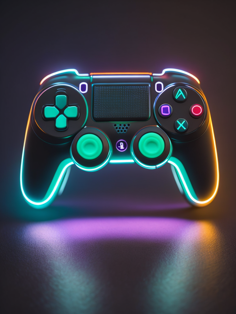 Design a futuristic, neon-colored gaming controller in the style of a playstation controller, glowing neon, semitransparent, deep vibrant colors, high details