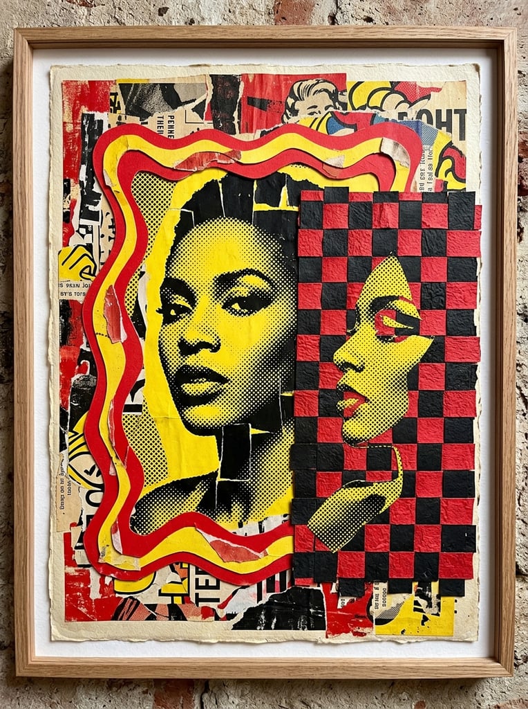 mixed media paper collage, yellow and black halftone portrait framed by wavy red and yellow cutouts, woven black and red paper checkerboard overlaid with a fragmented yellow halftone profile face, tactile pop art aesthetic, high contrast