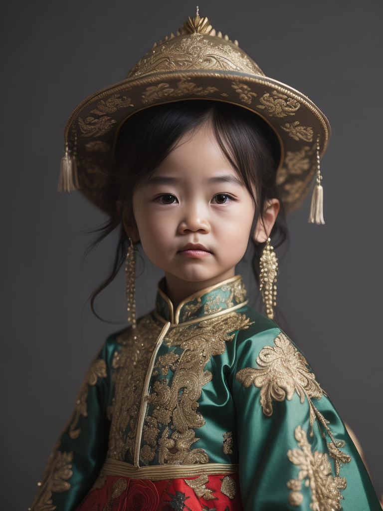 (((cute, sad little girl aged 5))) from China dressed in a (((typical Chinese colorful wedding dress, green and gold color))), (photorealistic: 1.4, lifelike), highly detailed CG unified 8K backgrounds, 1 child, looking at the viewer, (HQ skin:1.4), 8k uhd, dslr, soft lighting, high quality, film grain, Fujifilm XT3, ((simple, neutral background)).