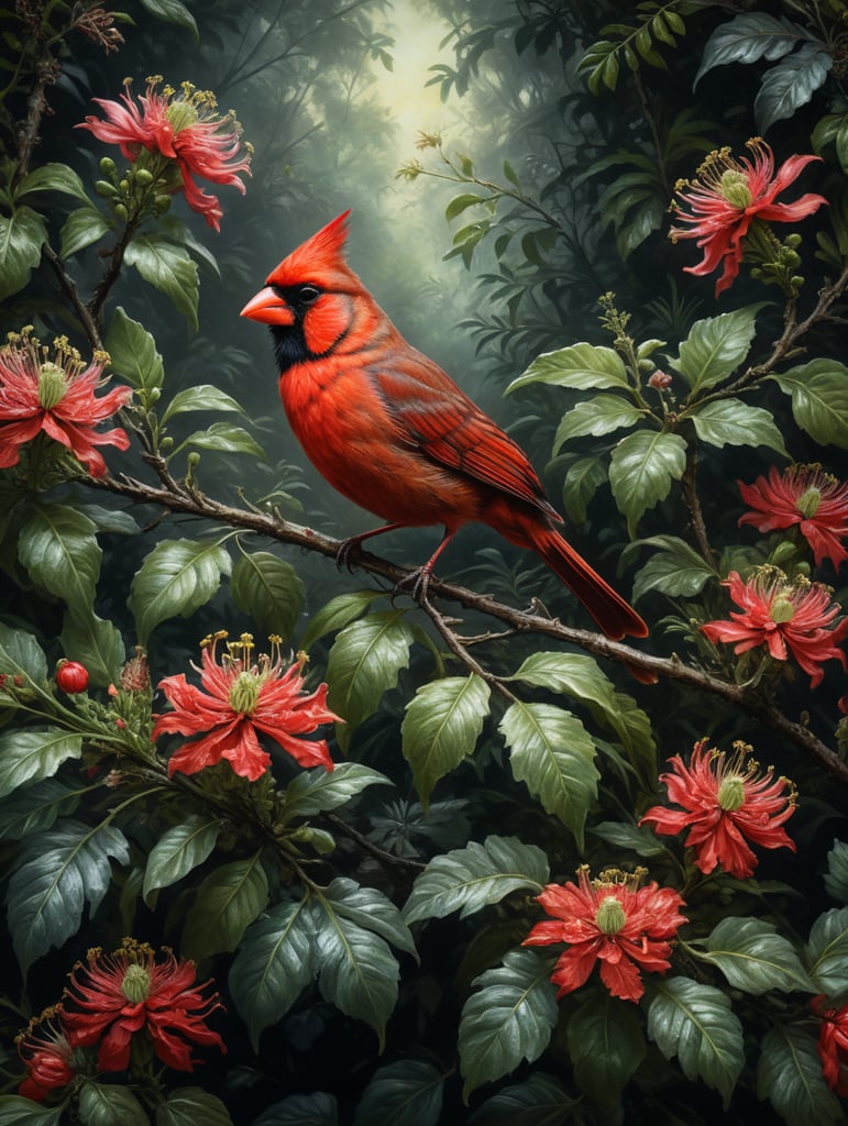 An Edwardian botanical oil painting, illustration of a red cardinal bird on a branch surrounded by flora and fauna