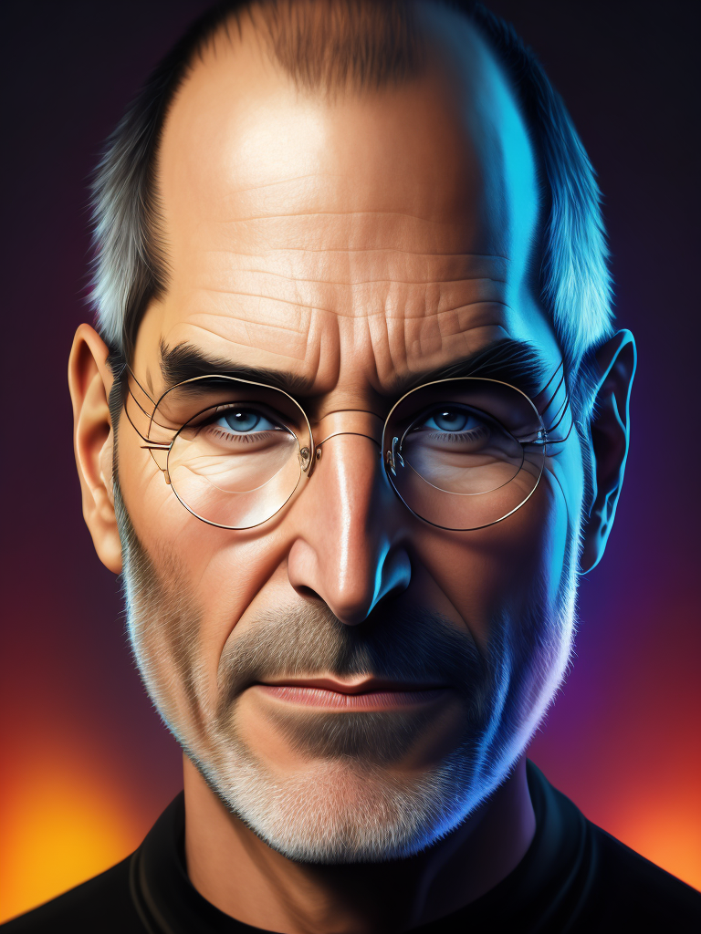 Portrait of Steve Jobs, bright and saturated colors, elegant, highly detailed, vogue, fashion magazine, sharp focus, bright expressive makeup, dramatic lighting, depth of field, incredibly high detailed, blurred background