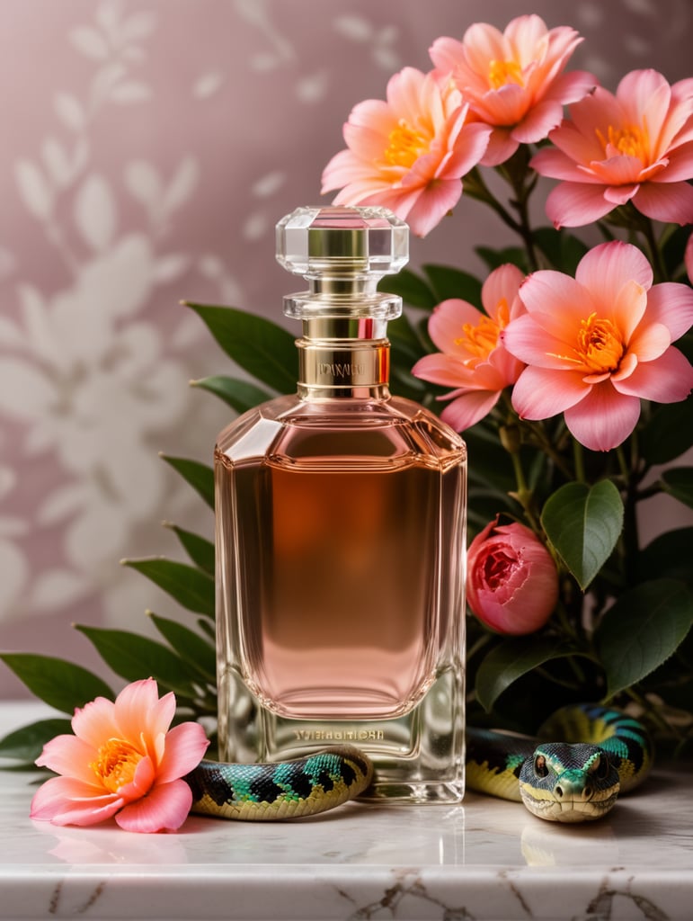 Floral background with neon colored flowers, minimalistic perfume bottle and snake next to the bottle