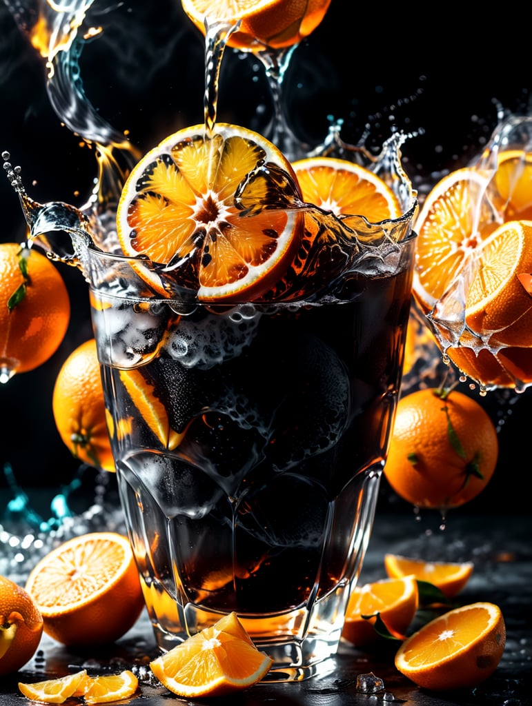 Full oranges, and orange slices floating, mixed orange liquid, orange background, smoke, icy slushee, 4k photo-realistic