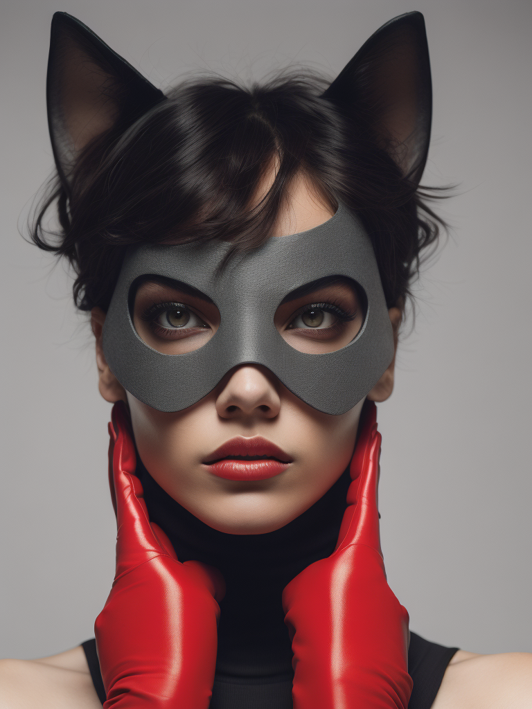 minimalist raw photo, a beautiful person in red gloves holding her face, peeking out, into the glove, in the style of mario testino, jim lee, moody, symmetrical composition, abdel hadi al gazzar, exaggerated facial features, feminine beauty, photo, mischievous feline motif, 16k, lumen