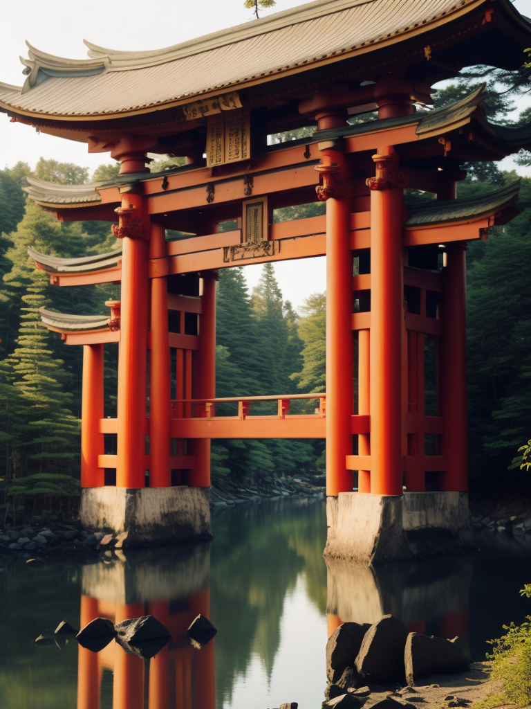 Red torii gate in middle of a lake, Dense forest on the edge of the lake, Bright and saturated colors, Japanese culture, photorealistic, contrast light