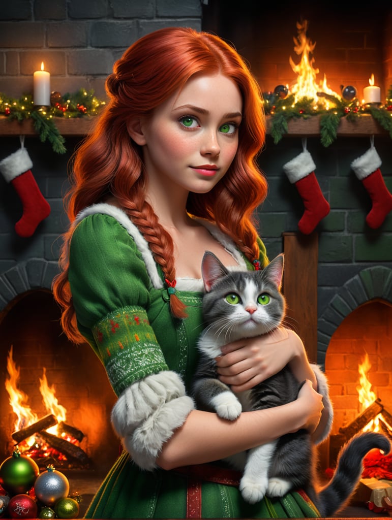 Disney Pixar inspired movie poster with the title Lena in the image a the girl has red hair straight to her shoulders, holds a cat, gray fur, green eyes, at home by the fireplace, Christmas decor