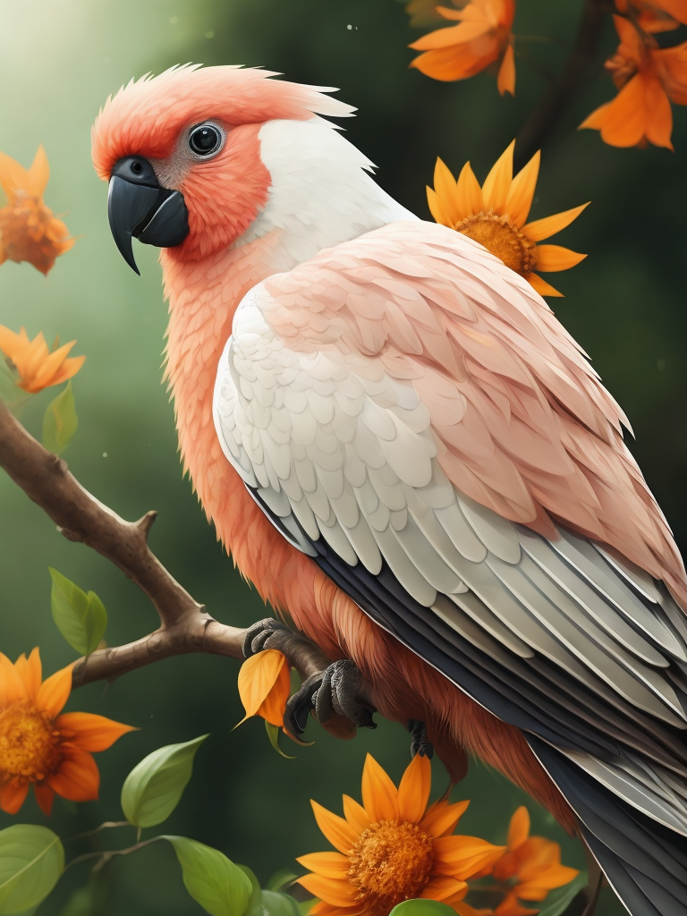 pink and white cest galah cockatoo bird in a tree with green leaves and flowers, fantasy animation, for children book illustration, cute big circular reflective eyes, pixar render, Vibrant colors, Depth of field, Incredibly high detail