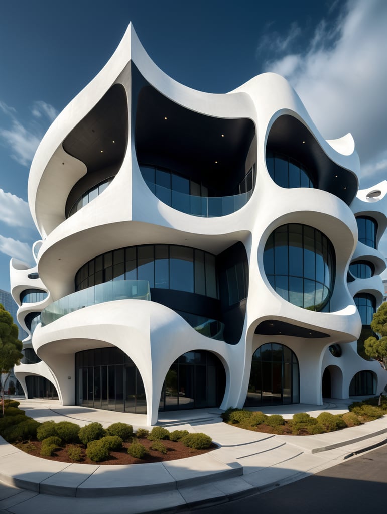 white building with curved shapes in front, in the style of the stars art group (xing xing), women designers, eclectic curatorial style, sculptural costumes, concrete, urban influences, flowing fabrics