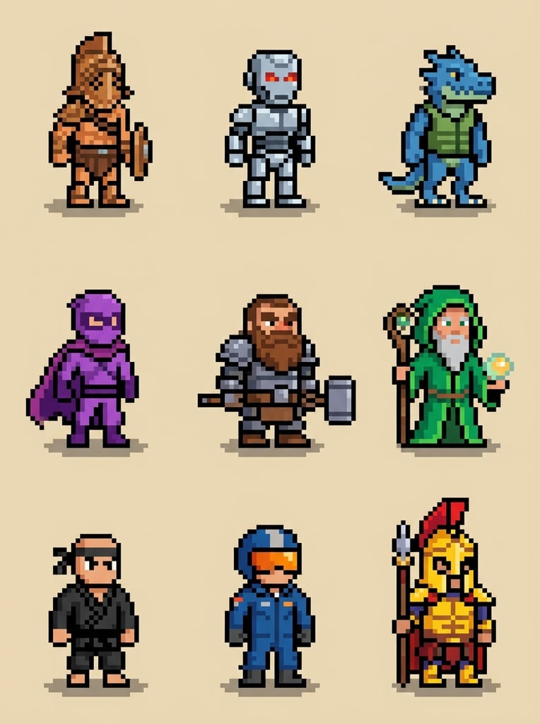 Nine minimalist pixel-art character sprites form a three-by-three grid on a flat beige background. The blocky avatars represent a diverse roster of fantasy and sci-fi archetypes with distinct, vibrant color palettes. The top row features a bronze gladiator, a silver android, and a blue-scaled reptilian. The middle row displays a purple-clad acrobat, an armored dwarven blacksmith, and an emerald-robed mystic. The bottom row presents a black-clad martial artist, a pilot in a blue flight suit, and a royal guard in ceremonial gold armor. Subtle drop shadows ground each brightly colored figure.