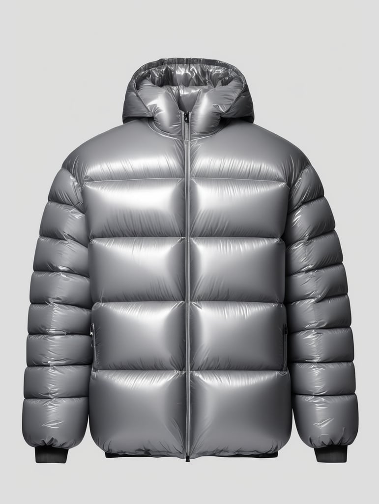 Inflatable white minimalist man's puffer jacket, transparent, isolated, grey background, mockup