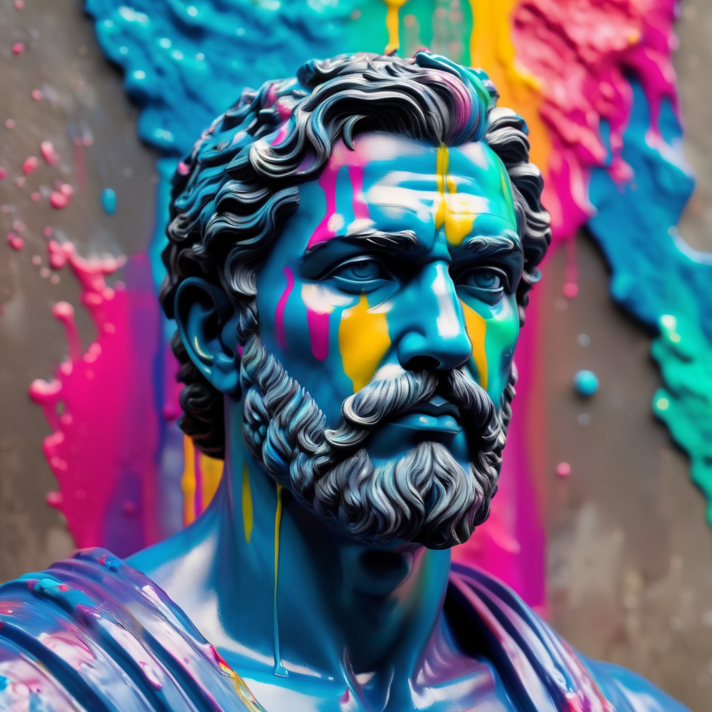 greek male bust with colorful paint, melted, the paint is flowing, aesthetic background