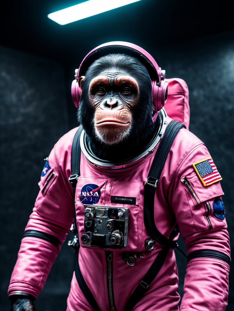 A chimpanzee going to space, wearing pink color astronaut suit, Vivid saturated colors, Contrast light, studio photo, professional photo, Detailed image, detailed face