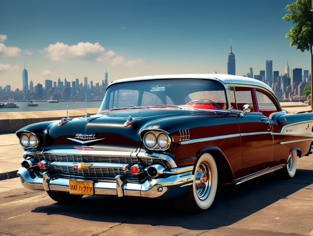 photorealistic lowrider style chevrolet bel air 1957, new york, city background