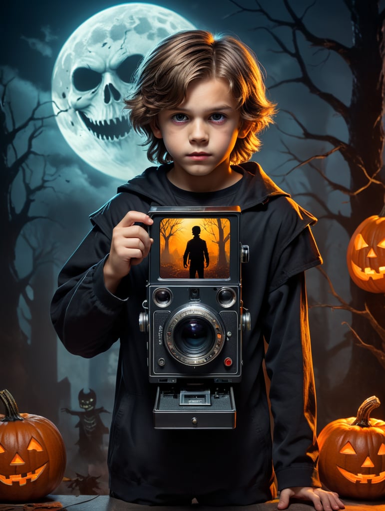 Boy reminiscent of Cole Sear from "The Sixth Sense" holding a polaroid-style photo that contains a screen displaying the silhouette of the observer with a terrifying Halloween figure's silhouette lurking behind the observer. He's pointing behind from the viewer's perspective as the camera is ready to capture an image. He's wearing a creepy Halloween costume with touches of an innocent high school student. Vivid saturated colors, Contrast color.