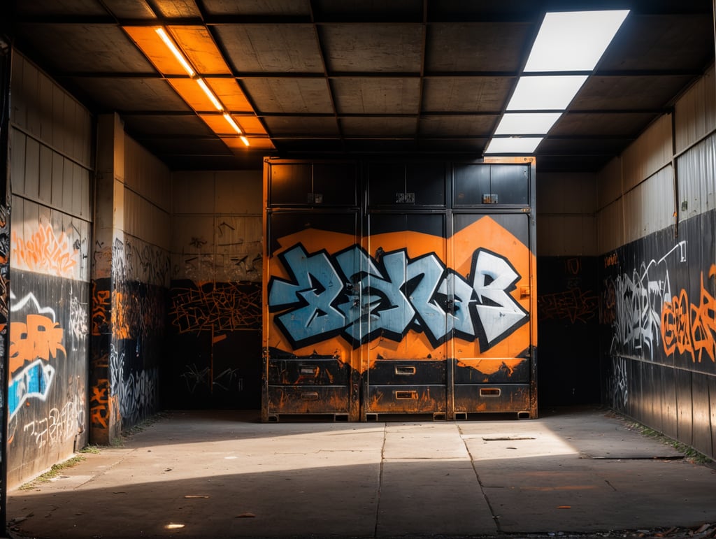abandoned storage with graffiti, black, orange colors