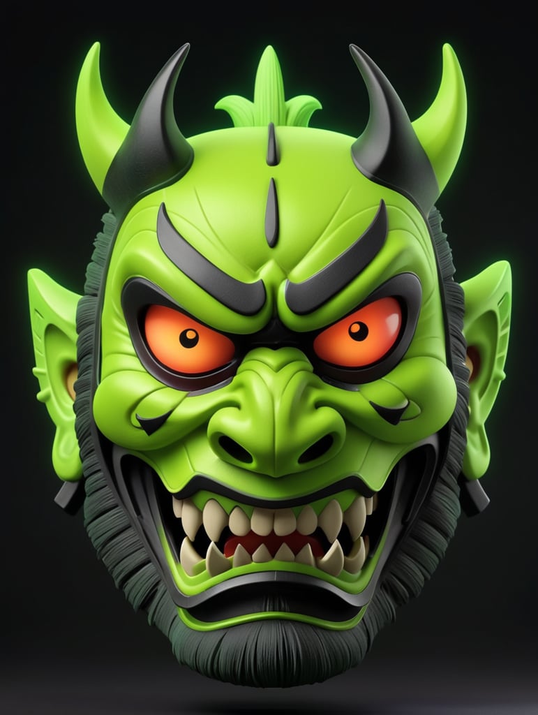 Illustration of a demon mask, demon samurai mask, oni mask, neon green oni mask, samurai mask, samurai, demon samurai, demon samurai warrior, cartoon, 3d render, soft shadows, cartoon, pixar, videogame character, neon green and black, close up