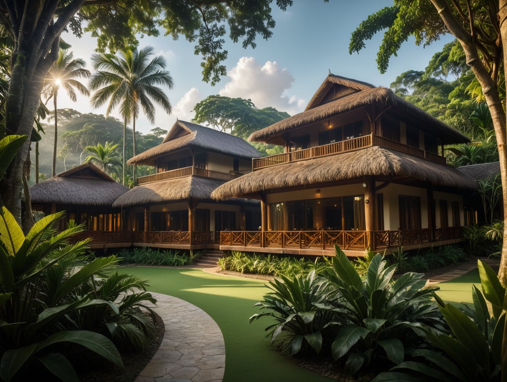 luxury eco lodge hotel building tropical style with views to the jungle
