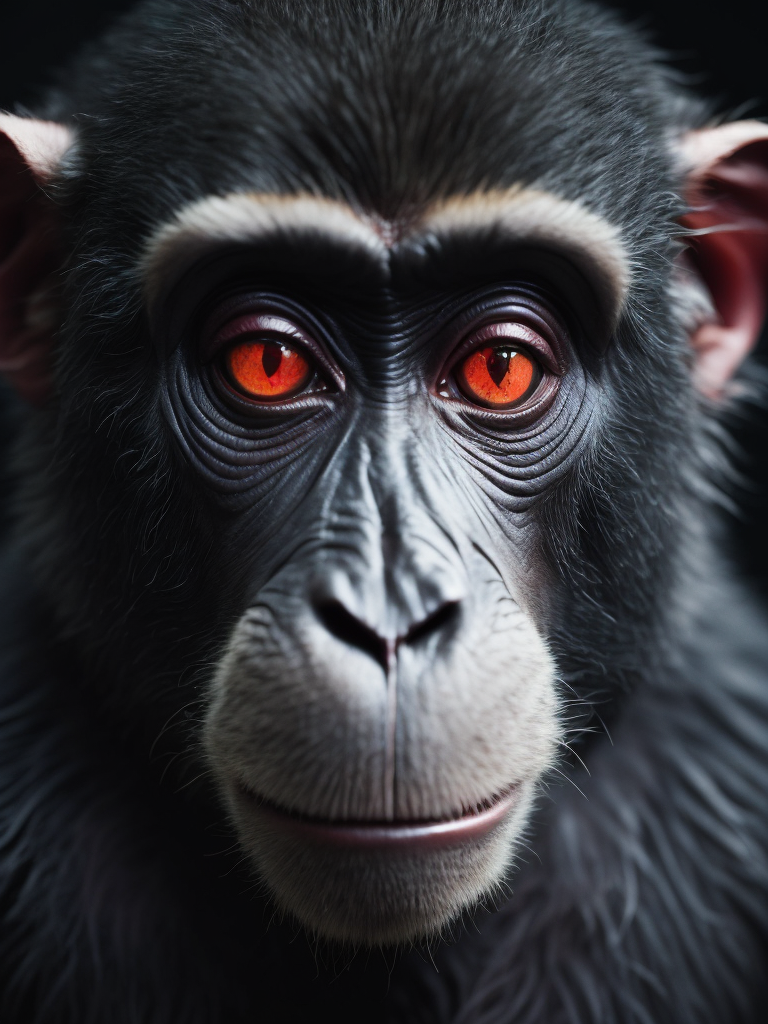 Monkey with red eyes, dark style, focus on face, sharp on details, black background