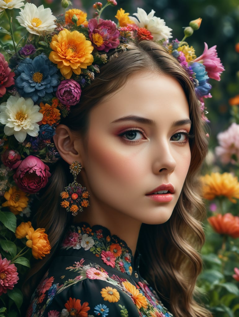 Girl in a blooming garden, fashion editorial, floral edition, millions of colorful flowers, analog fashion portrait, fashion photo of a portrait of a girl in profile with an open ear