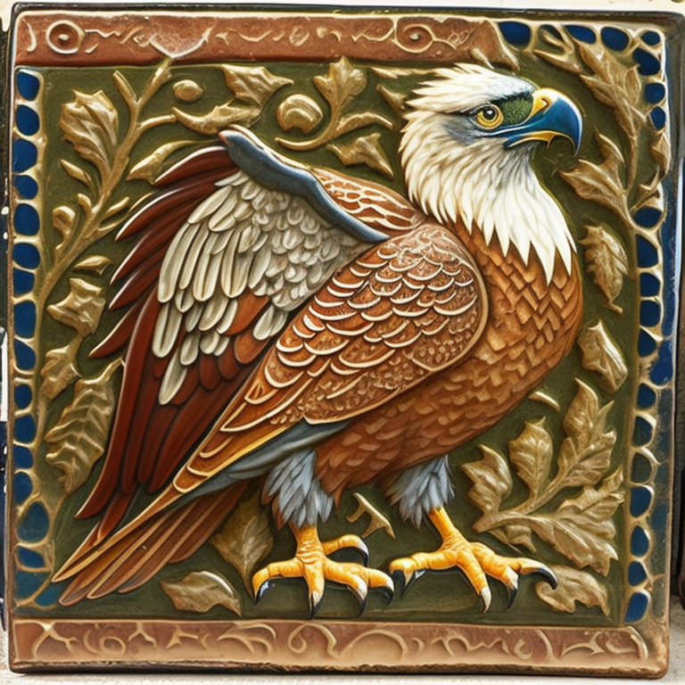 photo of medieval ceramic tile, eagle, simple design, art on tale, glazed