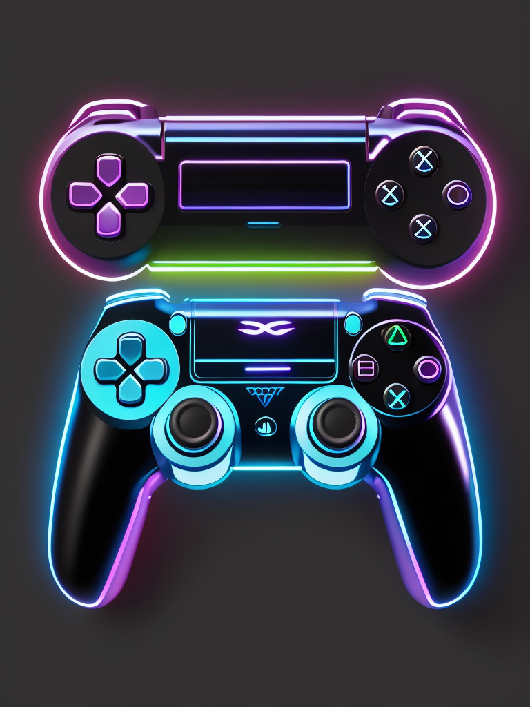 Design a futuristic, neon-colored gaming controller in the style of a playstation controller, glowing neon, semitransparent, deep vibrant colors, high details