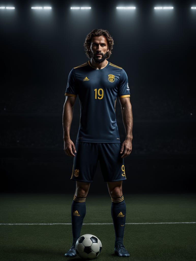 Full body, portrait, front facing, soccer player, black background, dark atmosphere, lion