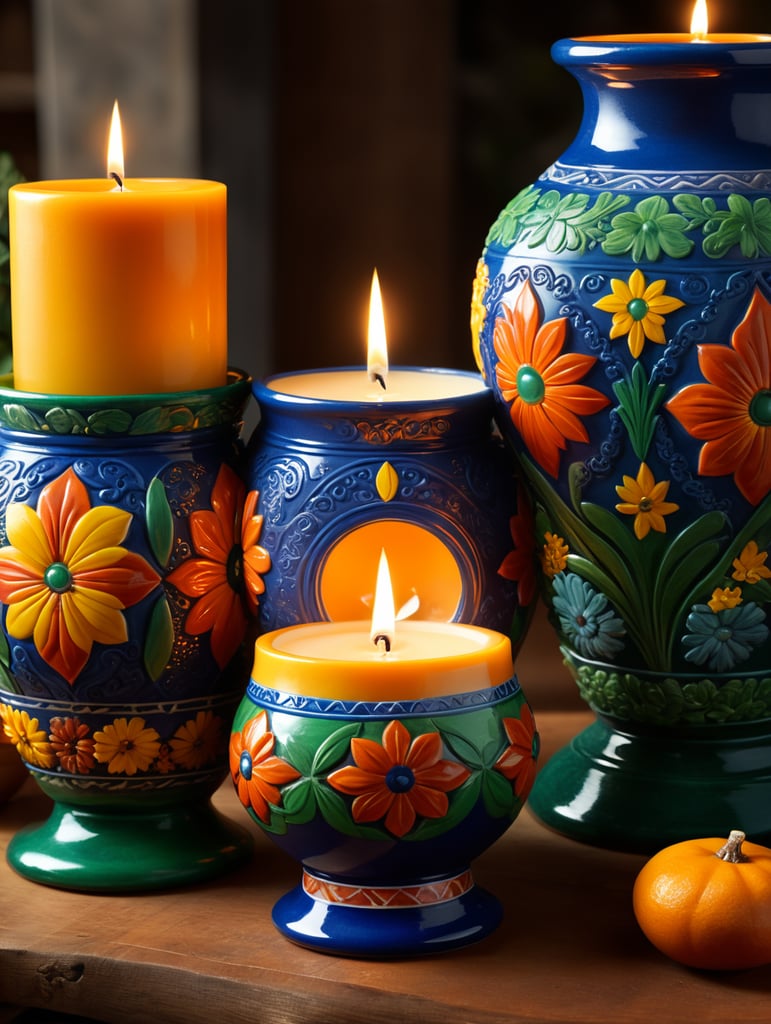 Create an image representing "Isabel's Arte Velas," a candle collection inspired by Mexican art and culture. Picture a candle displayed in a hand-painted vessel resembling Talavera pottery, adorned with intricate patterns in cobalt blues, saffron yellows, and emerald greens. The vessel exudes the warmth of sunlit terracotta, capturing the essence of ancient tales and the vibrant hues of Mexican heritage. Visualize a candle emitting a soft, flickering glow, set against a backdrop evoking the richness of Mexican artistry. Surrounding the candle are motifs reminiscent of Huichol beadwork, weaving a tapestry of cultural fusion. Imagine a garden of scents, with rose-scented candles mingling with the aroma of celestial cinnamon, infusing the air with a captivating symphony of fragrance. Capture the elegance and luxury of Isabel's Arte Velas, where tradition meets innovation. The image should convey a harmonious blend of Mexican influence and sophisticated artistry, paying homage to the legacy of a grandmother and