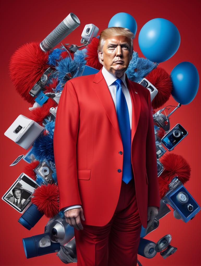 Donald Trump, avant-garde, simplygo, photoshoot spread, dressed in all red, blue background, harpers bizarre, cover, headshot, hyper realistic