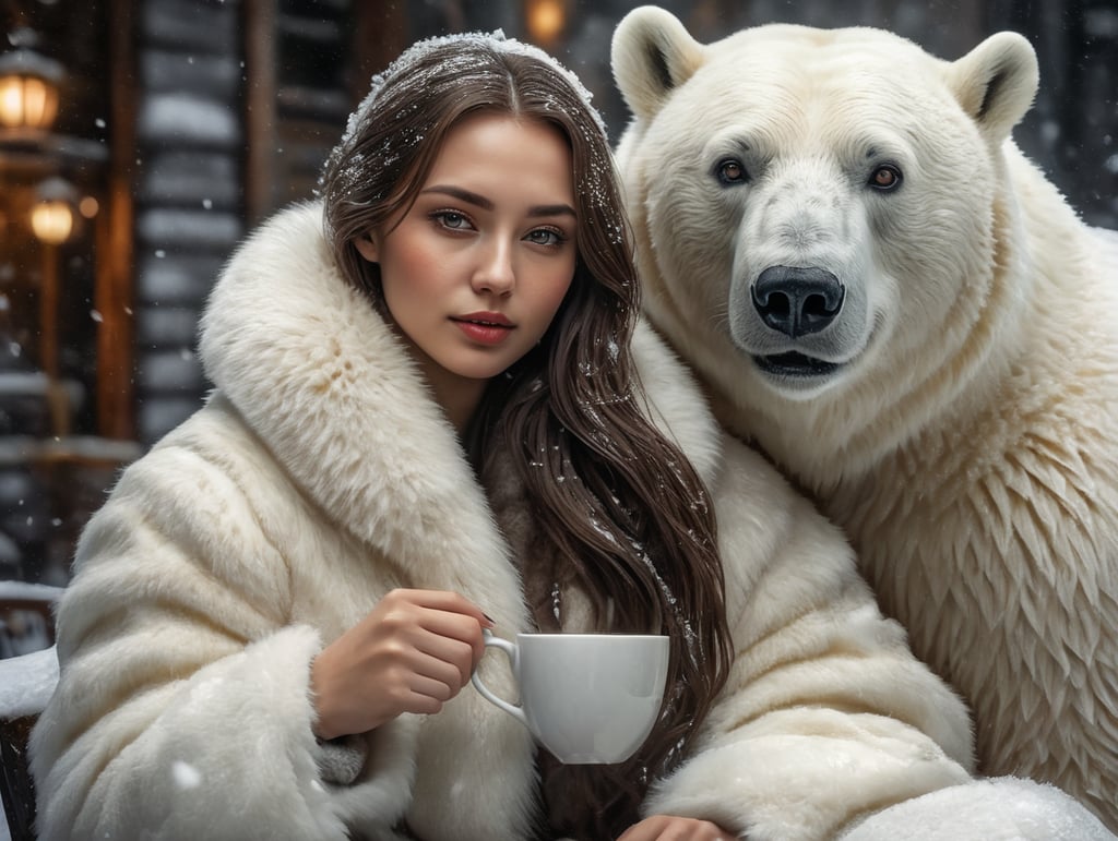 portrait of young woman sitting drinking coffee from a cup, looking at camera, wearing a thick white fur coat, friendly polar bear sitting right next to her with his paw resting on the young woman's shoulder, polar location, ice and snow, cold environment, highly detailed