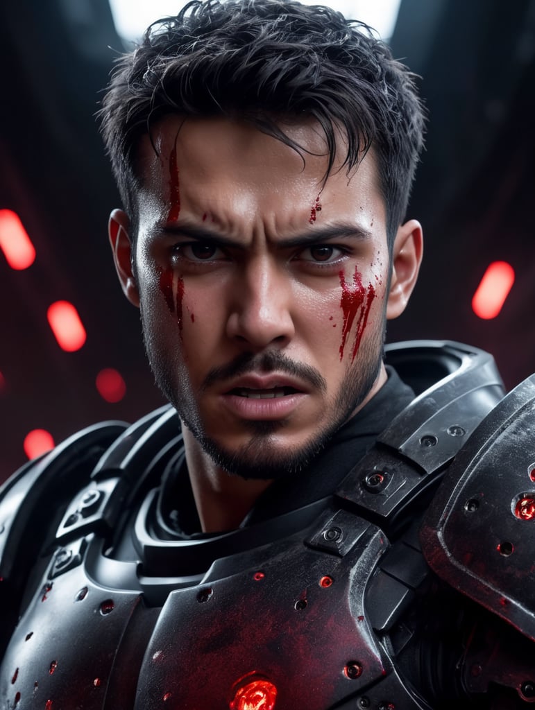 A realistic photograph of a 22-year-old man, with a scary angry expression, black messy short hair, dark black eyes, with a cut scar in the eye, with no beard, strong body, wearing a white robotic armor, covered with red dye, with a bright background with white leds, dramatic illumination, hyperdetailed, hyperrealistic, 8 k