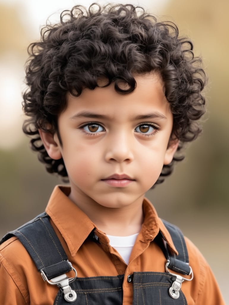 young boy wearing with a curly black hair, deep amber eyes, overalls, black button up shirt