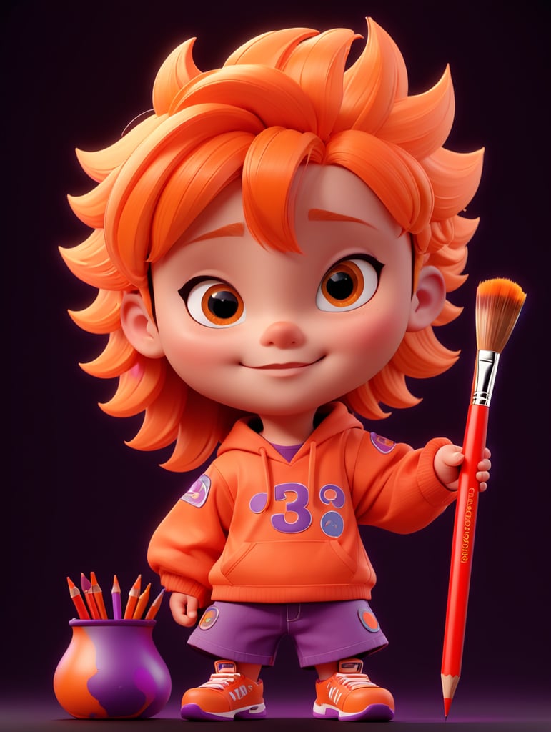 3D streetwear child character with brush and pencil inside 3d editor interface, paint curves at the black background, red and orange and purple colors