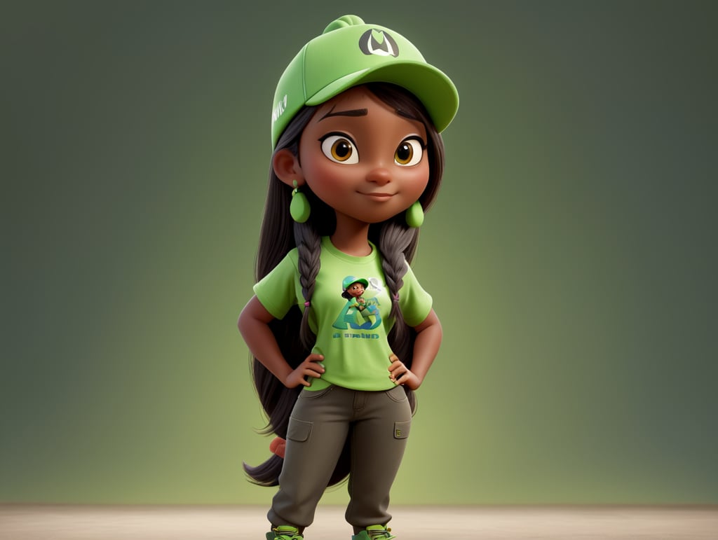 Personagem feminina, pele morena, estilo disney pixar, cabelo liso comprido, aventureiro, com camiseta e boné verde, corpo inteiro