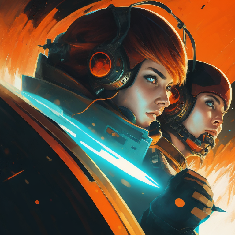 two pilots control the spacecraft at the moment of the hyper jump, composition in the style of retrofuturism and comics