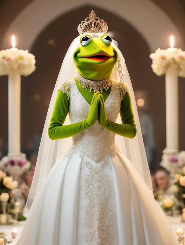 A frog that looks like Cher standing at the altar in a wedding dress . Kermit the Frog DRESSED IN DRAG AS CHER