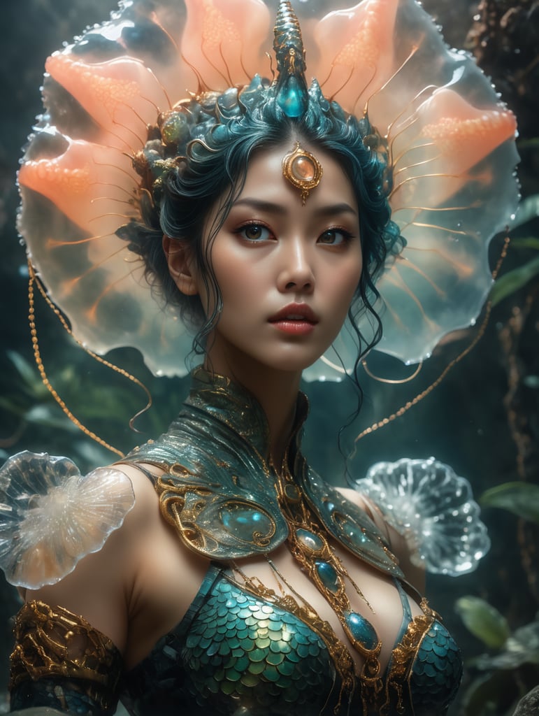 RAW photo, best quality), (realistic, photo-Realistic:1.3), full body girl, Water dragon, fasterpiece, beautiful and aesthetic, 16K, (HDR:1.4), high contrast, (vibrant color:1.4), (muted colors, dim colors, soothing tones:0), cinematic lighting, ambient lighting, sidelighting, Exquisite details and textures, cinematic shot, Warm tone, (Bright and intense:1.2), ultra realistic illustration, a ghostly jellyfish, shiny aura, highly detailed, gold filigree, intricate motifs, organic tracery, by Android jones, Januz Miralles, Hikari Shimoda, glowing stardust by W. Zelmer, perfect composition, smooth, sharp focus, sparkling particles, lively coral reef background, inspired by necronomicon art | botanical art | Egon Schiele | Luis Royo, eye-catching, artistic, ominous colors, masterful shadows, hyper details, hyperrealistic, otherworldly, eerie steampunk landscape, by Yoshitaka Amano | yoji shinkawa:2.0, staring at viewer, blac. baccara:2.0, mosaic glass scales, anime-inspired character, hypnosis gaze,