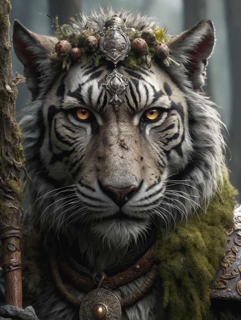 Style-SwampMagic Evil Undead tabaxi Zombie female mottled gray and rotting furred Undead tabaxi Zombie tiger, up close, from the side,, wearing tattered robes covered in patches of moss and lichen, holding a gnarled staff adorned with mushrooms and bone, realistic render, Dungeons and Dragons, Fantasy, octane render, zbrush. Character design, photorealistic, unreal engine, hyper-detailed, concept art, trending on art station. ((best quality)), ((masterpiece)), ((realistic)), (detailed), close up portrait, full body portrait, clouded pale eyes, wearing tattered robes, highly detailed fur, holding a gnarled staff adorned with mushrooms and bone, looking at the viewer, Fantasy art, stunning gradient colors, no watermark signature,