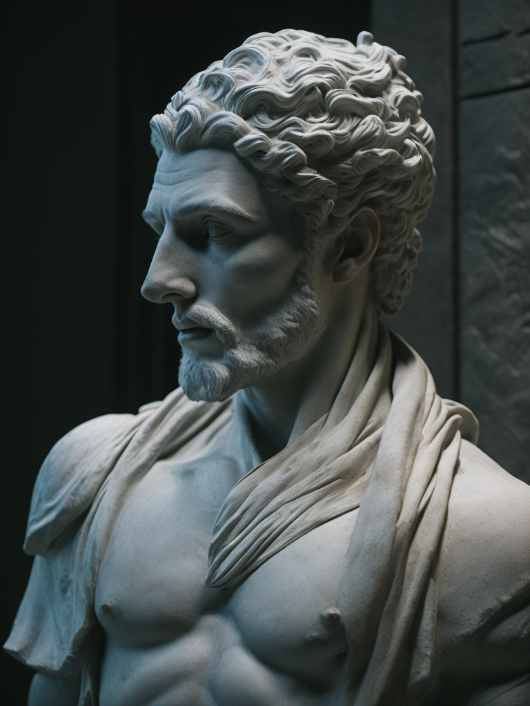 a half of a head of an antique Greek marble statue, sharp on details, dark atmosphere