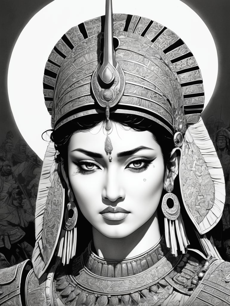 black and white,fine line art,comic,War scenes during the reign of King Ashoka